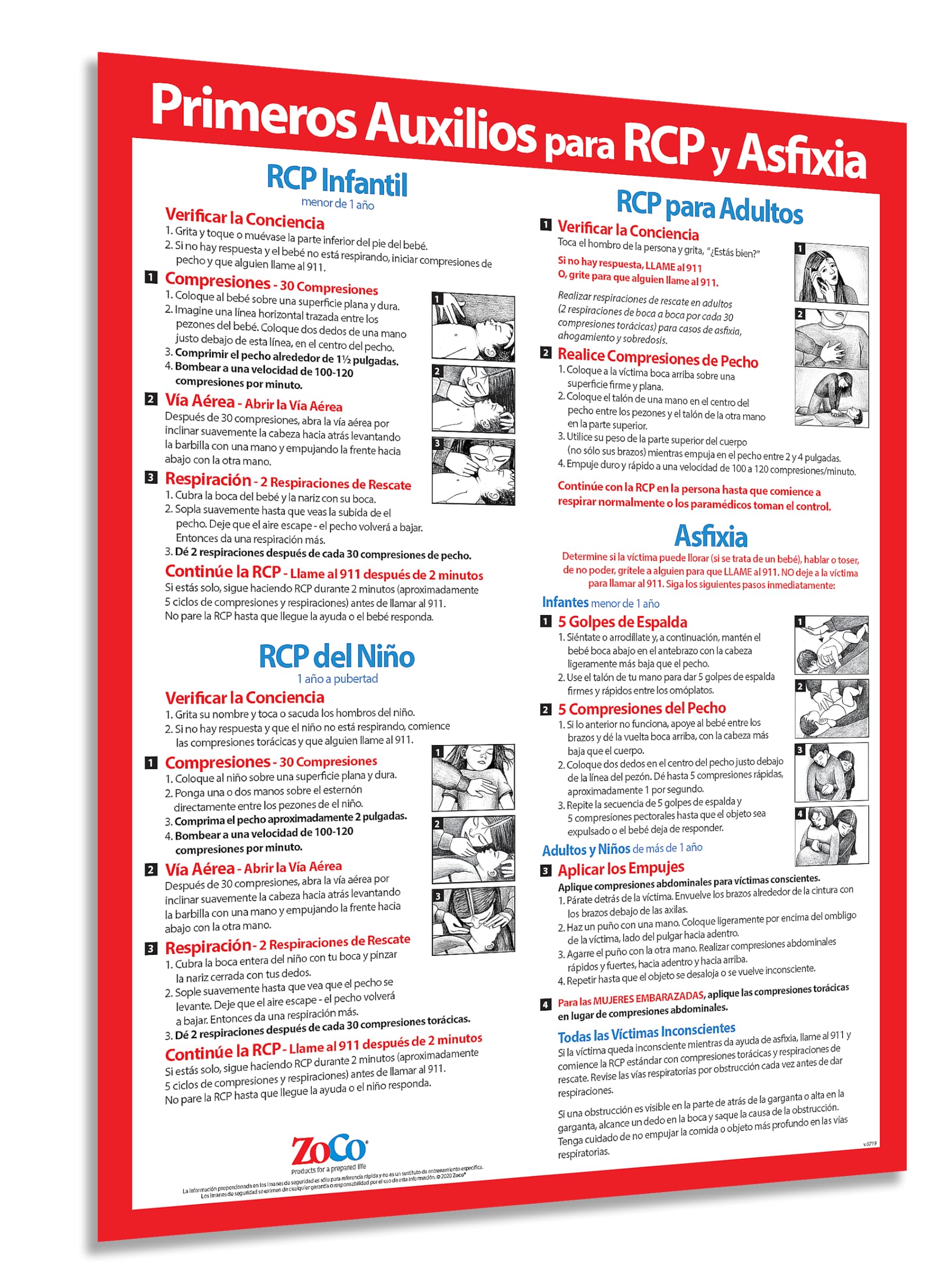 Safety Magnets CPR & Choking Poster in Spanish (en Español) - Laminated, 17 x 22 inches - Restaurant Compliance Signs - School Supplies in Spanish
