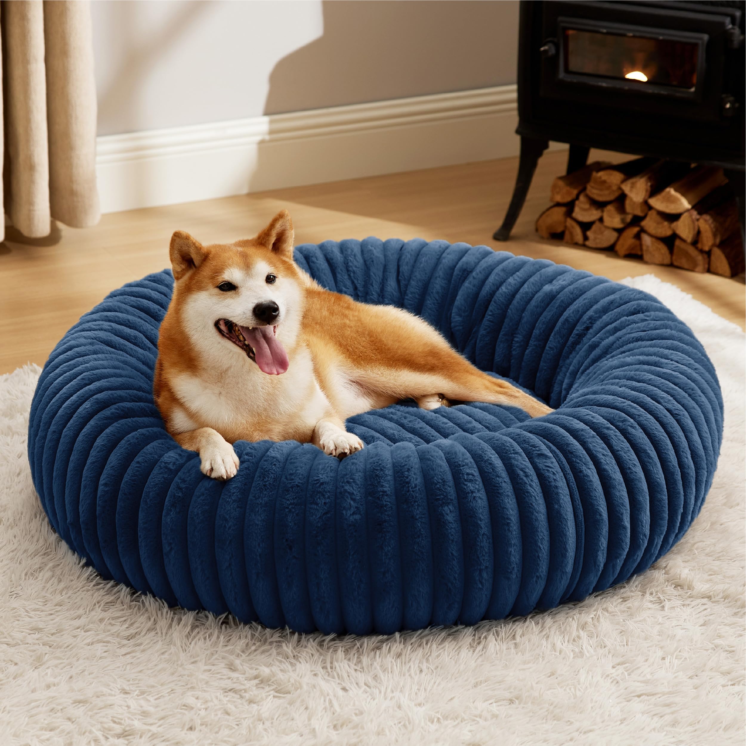 Photo 1 of Bedsure ComfyFleece™ Donut Large Dog Bed - Washable Faux Fur, Corduroy Fleece & Anti Slip Bottom, Round Pet Beds with Removable Cover, Night Blue, 36x36x8 inches