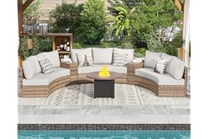 PaPaJet Patio Conversation Set, 11 Piece Half-Moon Sectional Round Patio Furniture Set with Large Storage Wedge Table Wicker Sofa Set, for Backyard Patio Garden