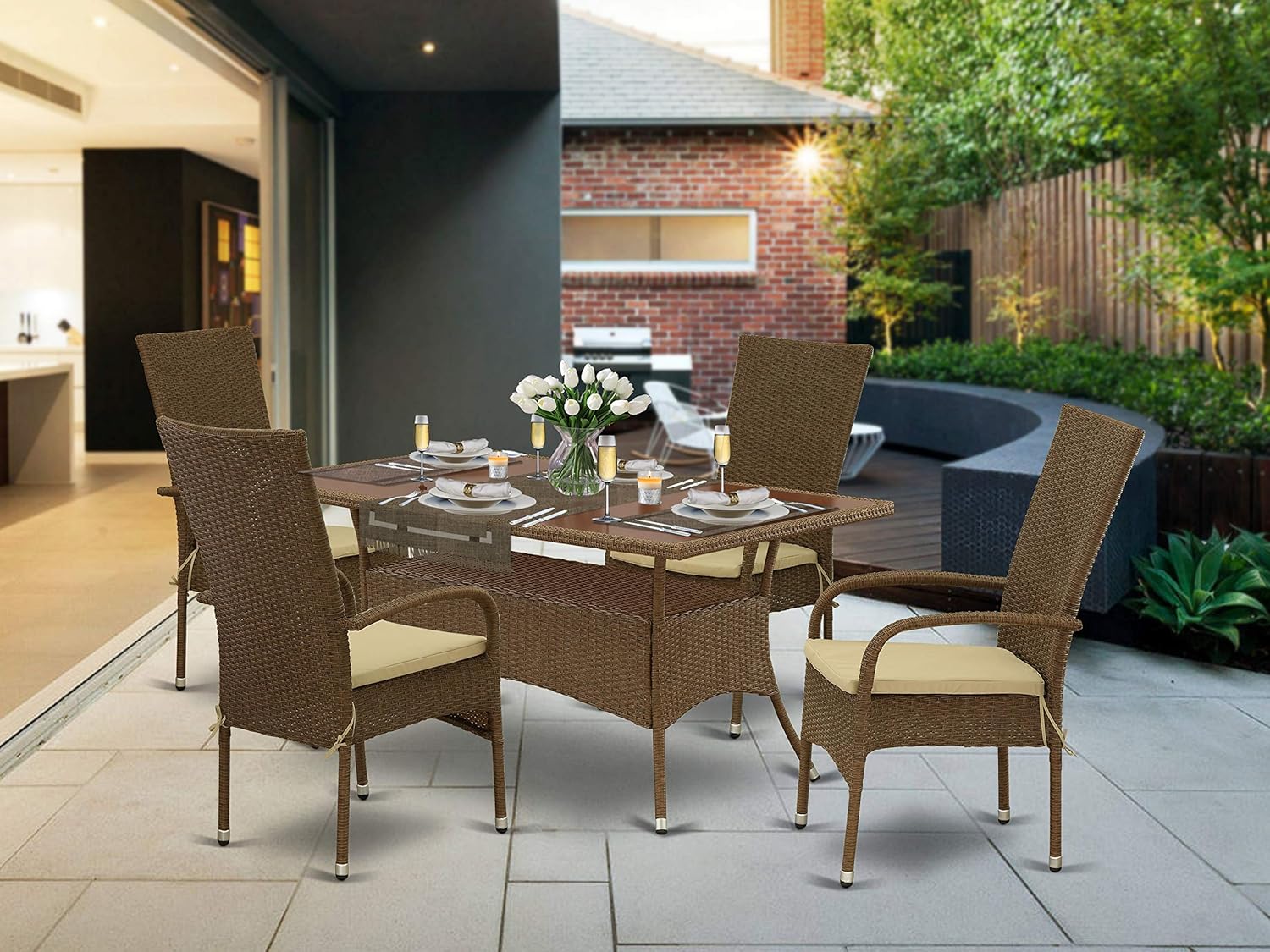 East West Furniture OSOS502A 5Pc Outdoor Brown Wicker Dining Set Includes a Patio Table and 4 Balcony Backyard Armchair with Linen Fabric Cushion: Furniture & Decor