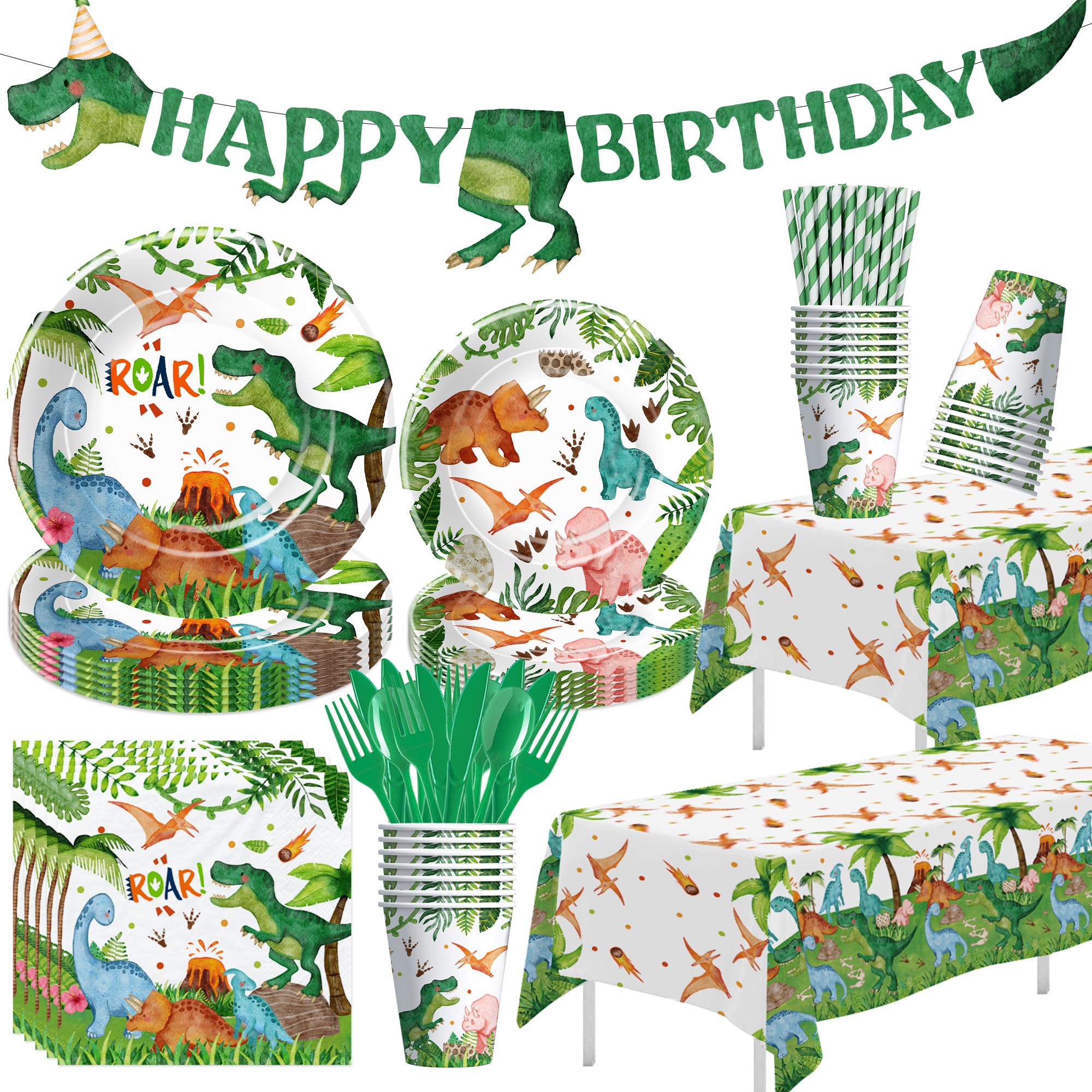Photo 1 of Srua Don Dinosaur Birthday Party Supplies Boy - Dino Dinosaur Birthday Decorations Tableware, Paper Plate, Cup, Napkin, Tablecloth, Disposable Cutlery, Banner, Serves 24