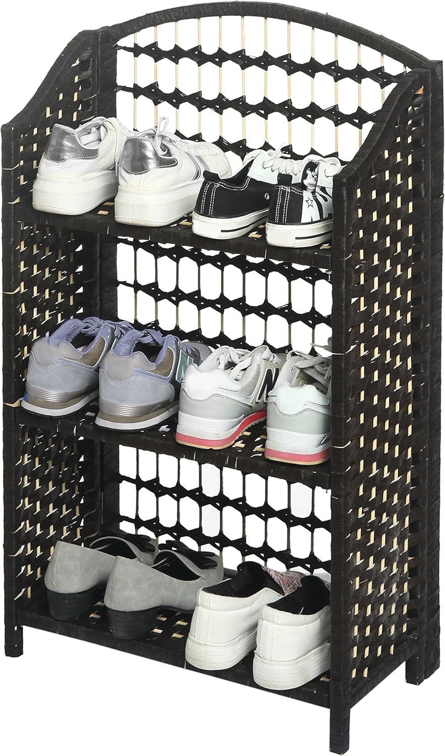 expandable stackable shoe rack on Amazon Com Mygift 3 Tier Entryway Seagrass Shoe Rack Brown Wood Framed Woven Storage Shelf Furniture Decor