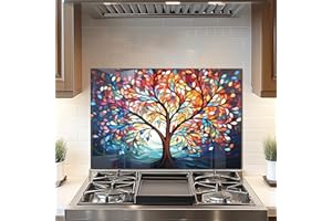DAIFURONGE Tempered Glass Backsplash for Kitchen, Tree of Life Art Stove Backsplash Protector - Easy to Clean Wall Decor (Art Deco 2, 30"x20"(76.2x50.8cm))
