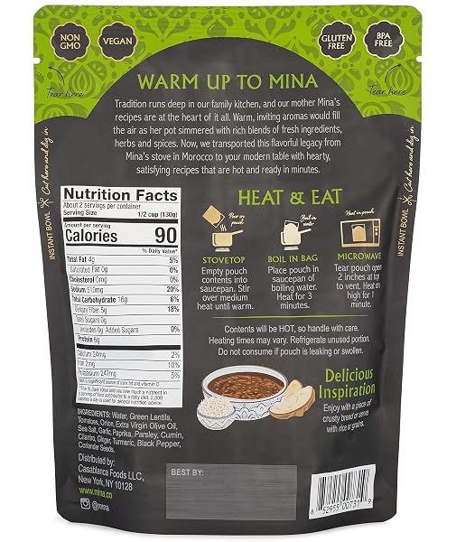 MINA MOROCCAN LENTILS, READY TO EAT, LENTILS HIGH IN PLANT BASED PROTEIN, VEGAN, NON-GMO, GLUTEN FREE, KOSHER, MICROWAVABLE, PACKAGED MEAL & SIDE DISH, 10 OZ