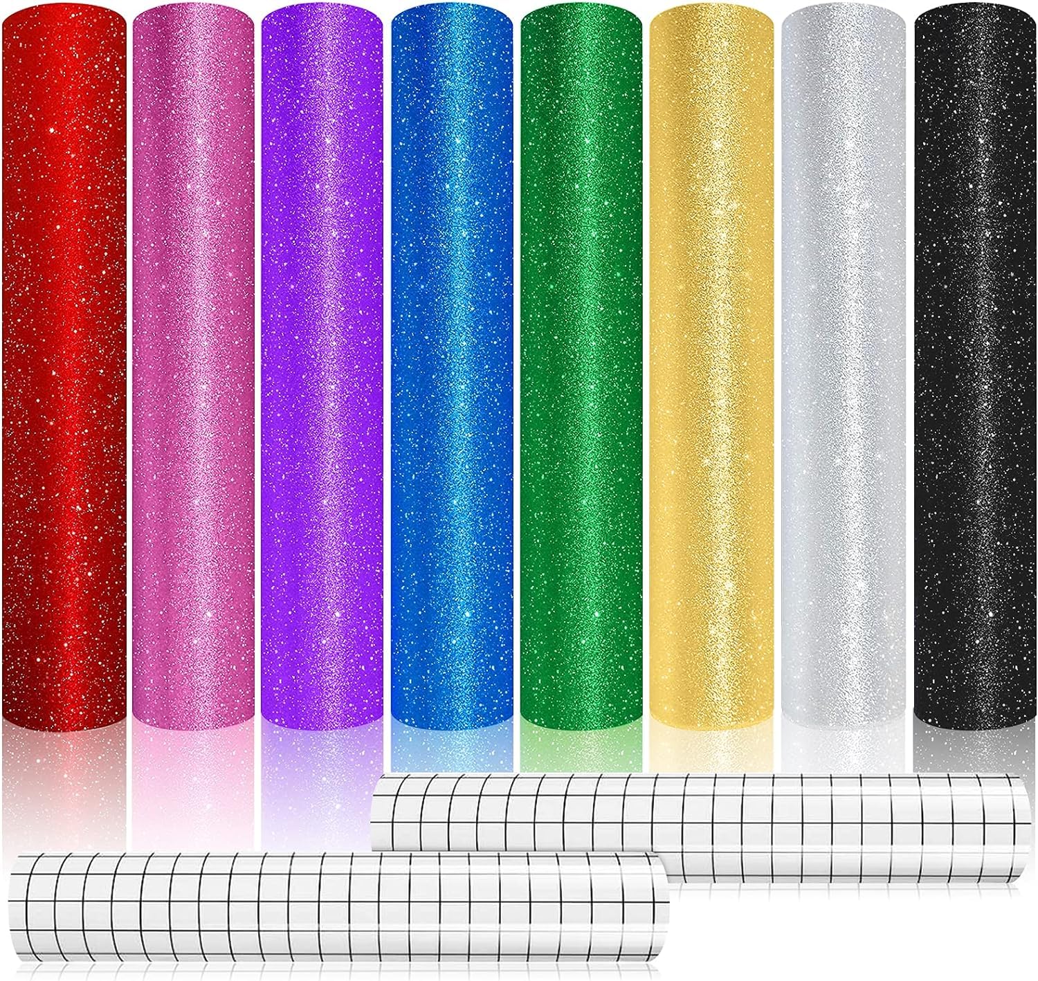 Glitter Vinyl 8PCS Adhesive Vinyl Sheets with 2PCS Transfer Tape, 12"x12'' Glitter Sticker Paper Permanent Vinyl for Most Craft Cutters, Printers, Doing Silhouette Letters Weeding Crafts, Waterproof