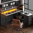 Huuger Reversible L Shaped Computer Desk with Drawers, Gaming Desk with LED Lights and Power Outlets, Office Desk with Storage Shelves, Corner Desk with Monitor Stand, for Home & Office, Gray
