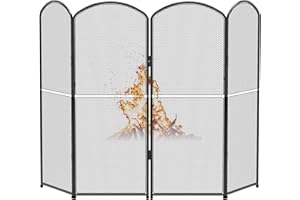 SHINOSKE 4-Panel Fireplace Screen,47.8" W x 31" H Black Metal Foldable Fireplace Cover,Decorative Mesh Fire Spark Guard Cover for Living Room Home Indoor Decor,Baby Proof,Easy Assembly