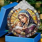Mother Mary and Baby Jesus Glass Ornament with Ribbons & Gift Box, Nativity Scene Christmas Ornaments for Christmas Tree, Christians Gifts for Women, Friends, Sisters, Catholic Ornaments Decorations