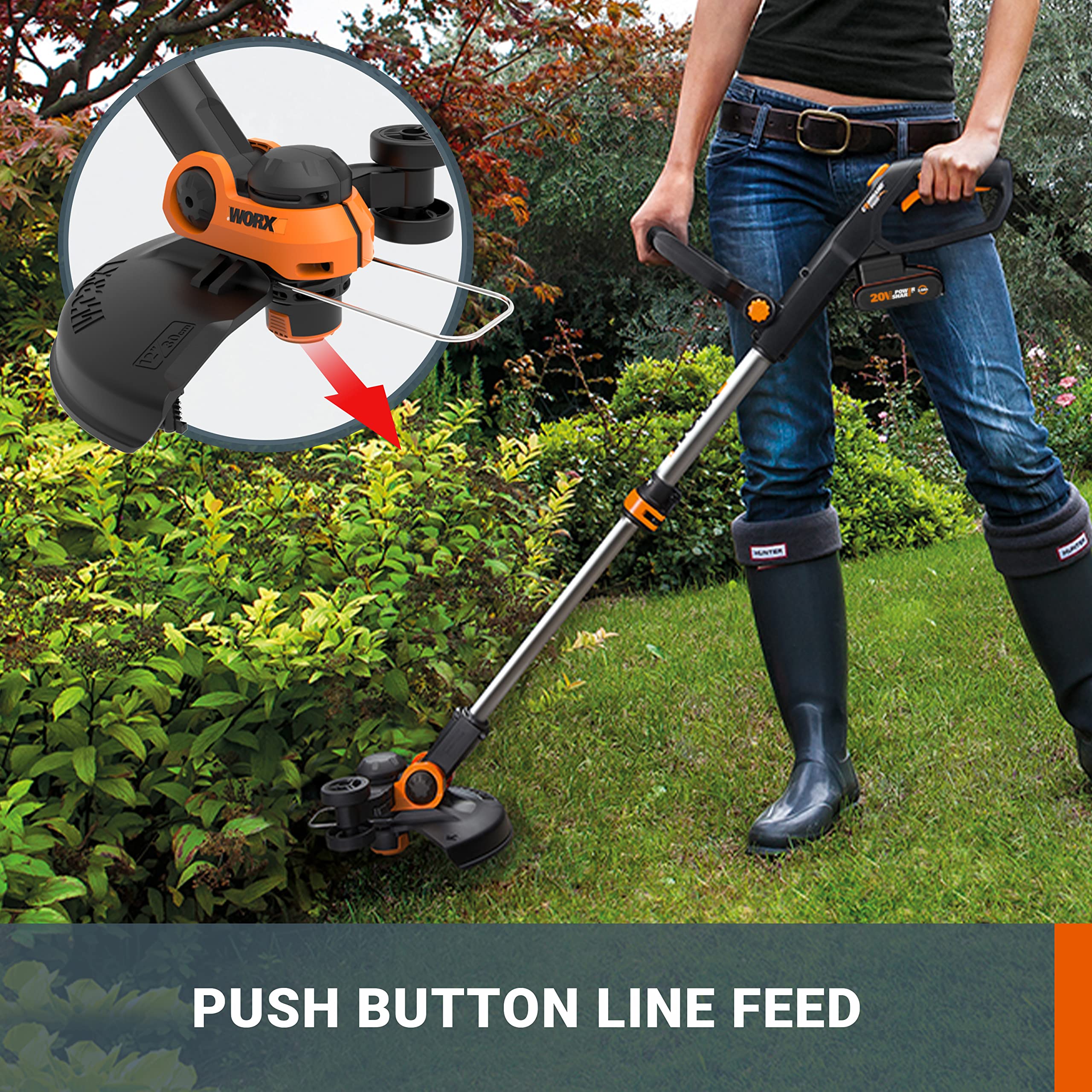 WORX WG163E.2 Akku Rasentrimmer 20V, 2-in-1 Rasentrimmer mit 90° drehbarer Trimmerkopf, 30cm Schnittdurchmesser, Teleslopstiel (inkl. 2Ah Akku & Ladegerät) 3