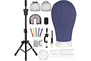 TopDirect 22 Inch Canvas Wig Head Stand, Wig Stand Tripod with Head, Mannequin Head for Wigs, Manikin Canvas Block Head Set Making Display with Wig caps, T Pins Set Brush - Navy Blue