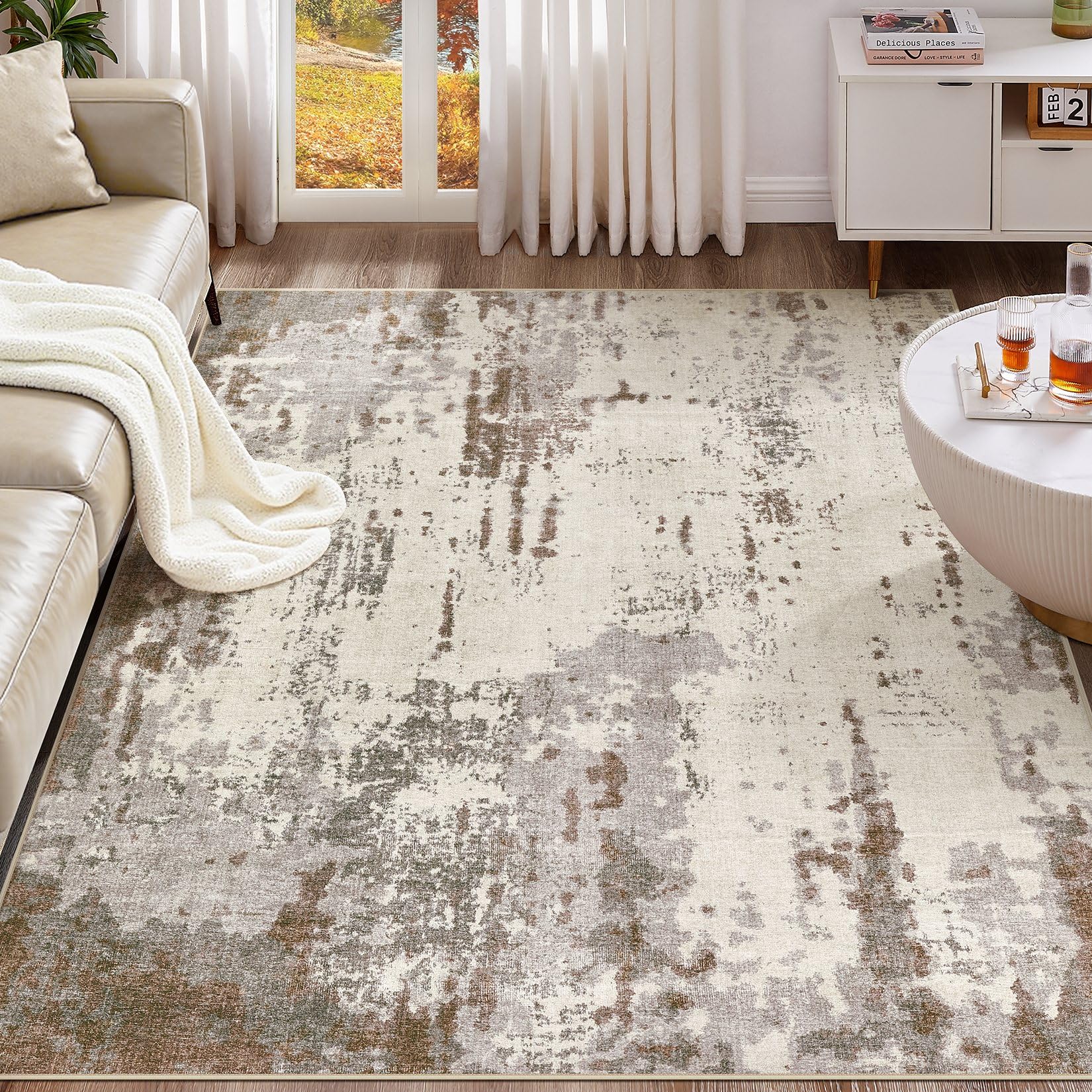 UERMEI 5x7 Area Rug Living Room Rugs - Washable Neutral Modern Abstract Soft Thin Rug Indoor Floor No Slip Rug Carpet for Bedroom Under Dining Table Home Office Decor - Brown/Grey/Beige Image