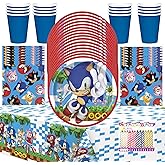 Sonic the Hedgehog Party Supplies Pack for 16 Guests – Officially Licensed Plates, Napkins, Cups, Table Cover + Bonus 24 Birthday Candles – Sonic Birthday Decorations Set