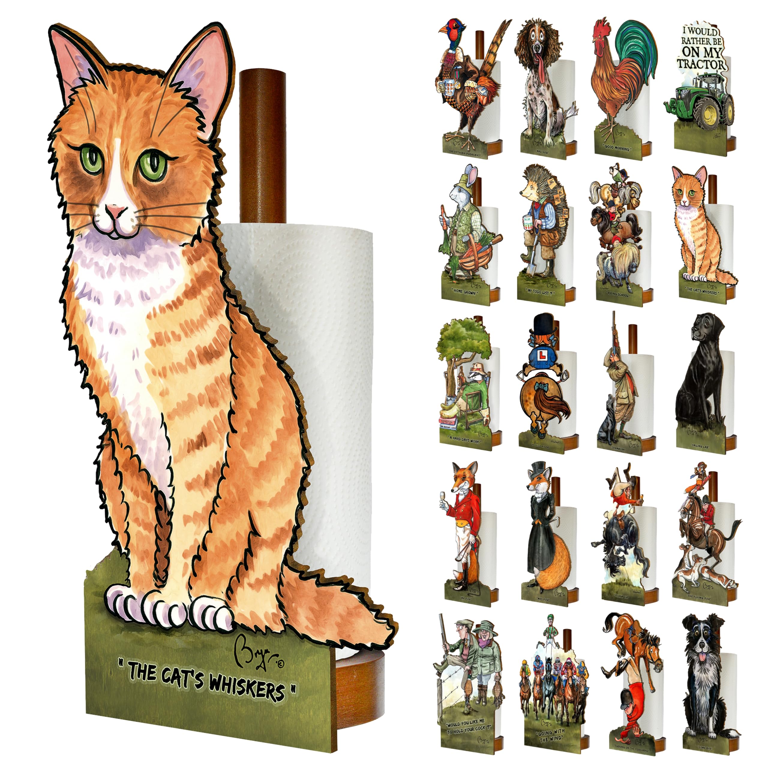Looprints Fun Toilet Roll Storage & Kitchen Towel Holder Wooden Stand Kitchen & Bathroom Decor & Accessories | Bryn Parry Ginger Cat | Fun & Novelty Country Home Decor & Gift Idea for All Cat Lovers.