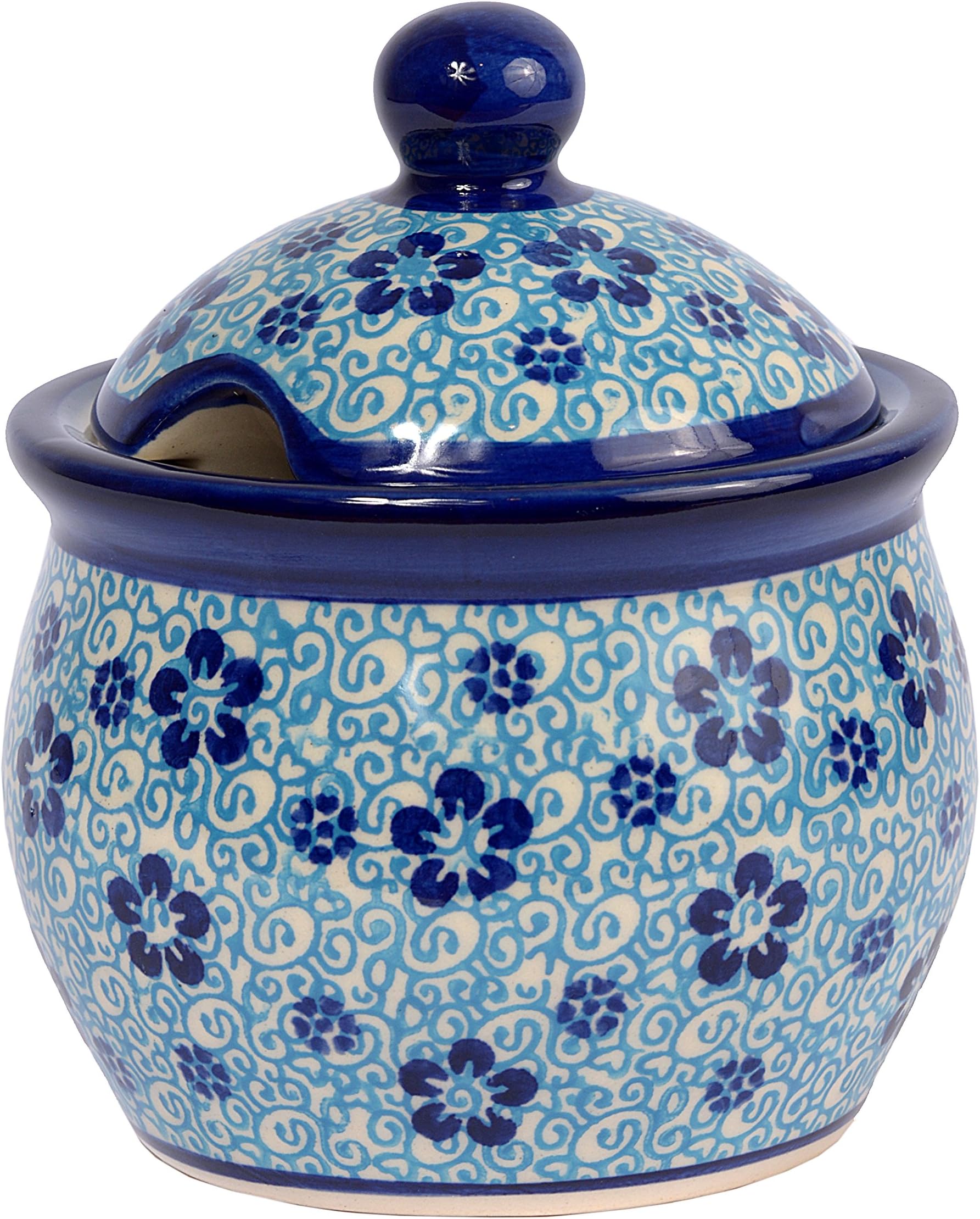 Traditional Polish Pottery, Handcrafted Ceramic Lidded Sugar Bowl with a Spoon Slot (400ml / 14 fl oz), Boleslawiec Style Pattern, C.101.FLOW