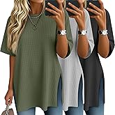 Baggyfly 3 Pack Women's Oversize Short Sleeve Tops Waffle Knit Crewneck T-Shirts Summer Casual Side Split Tees(Black, Light Gray, Olive Green,Small)
