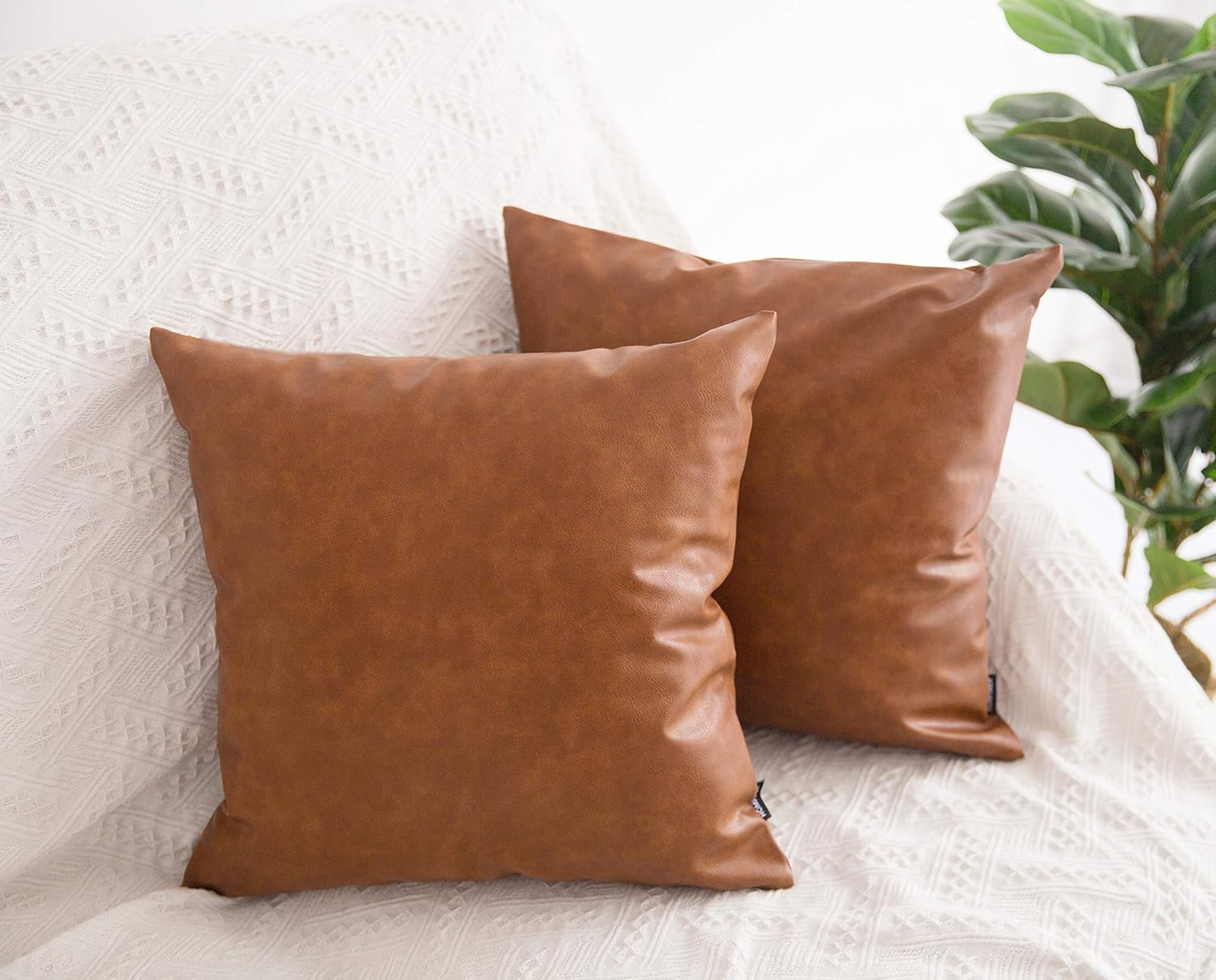 HOMFINER Faux Leather Throw Pillow Covers, 18 x 18 inch Set of 2 Thick Cognac Brown Modern Solid Decorative Square Bedroom Living Room Cushion Cases for Couch Bed Sofa: Home & Kitchen