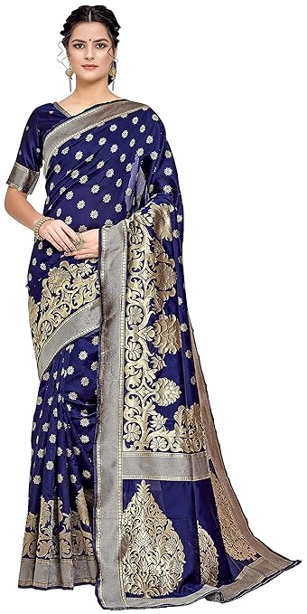 KEDARFAB Womens Banarasi Silk Saree With Blouse Piece (Navy Blue Gold)