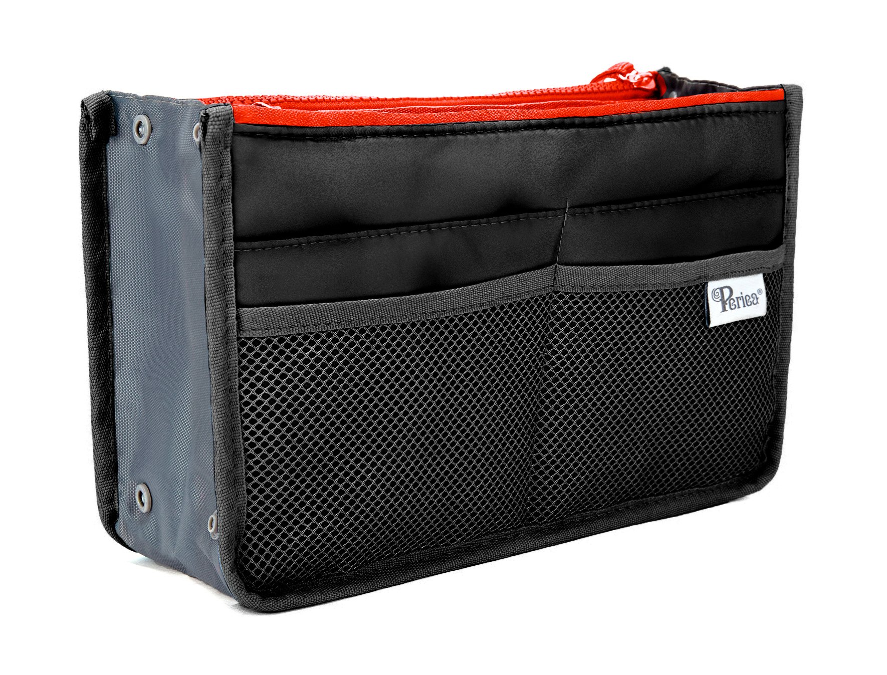 Periea Chelsy Handbag Organiser Insert (Black with Neon Coral Zip, Small)