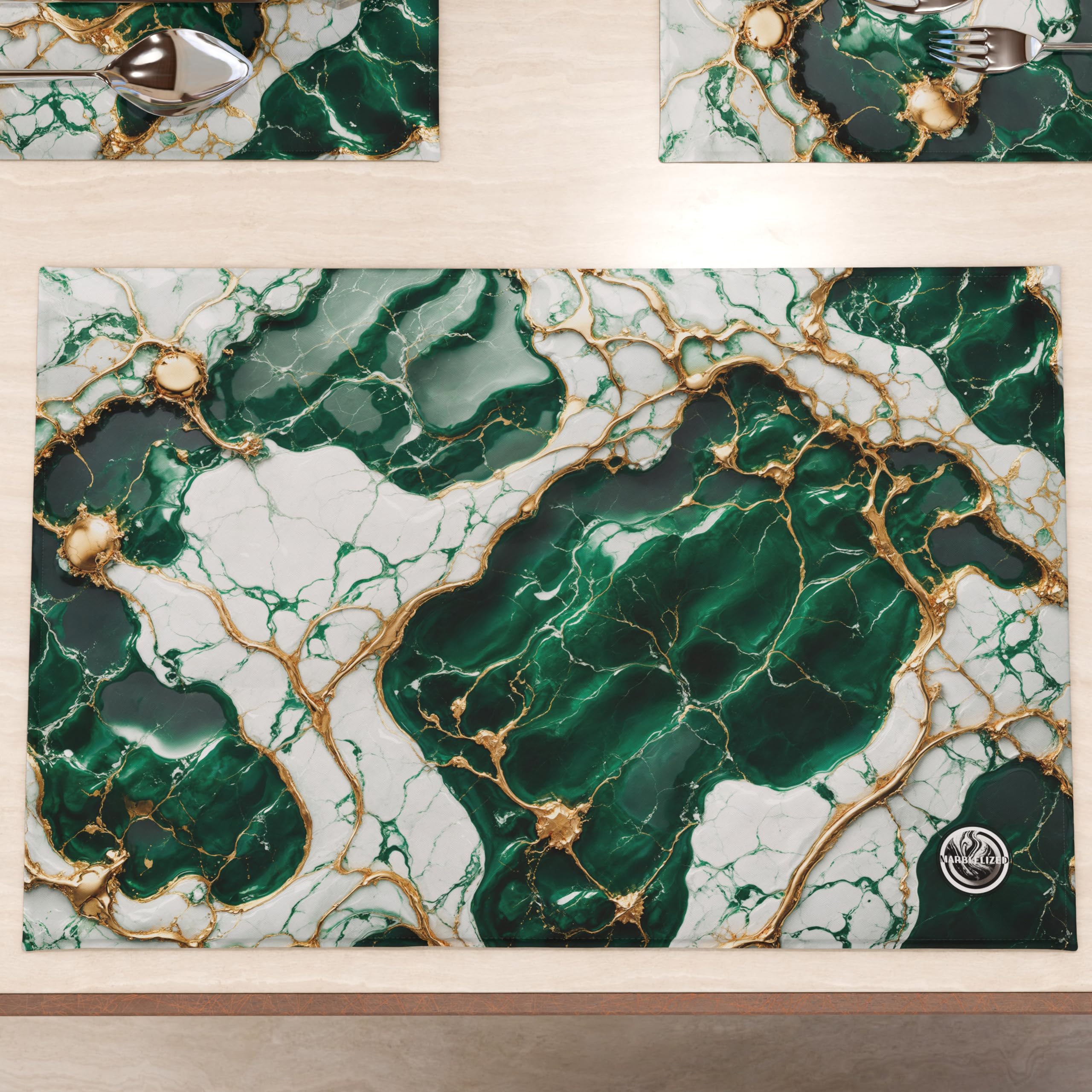 MARBLELIZED - Washable American Placemats, Emerald Marble Effect Fabric Placemats, Set of 2 (30 x 45 cm) - Elegant, Ideal for Breakfast, Lunch and Dinner, Gift Idea, 100% Made in Italy