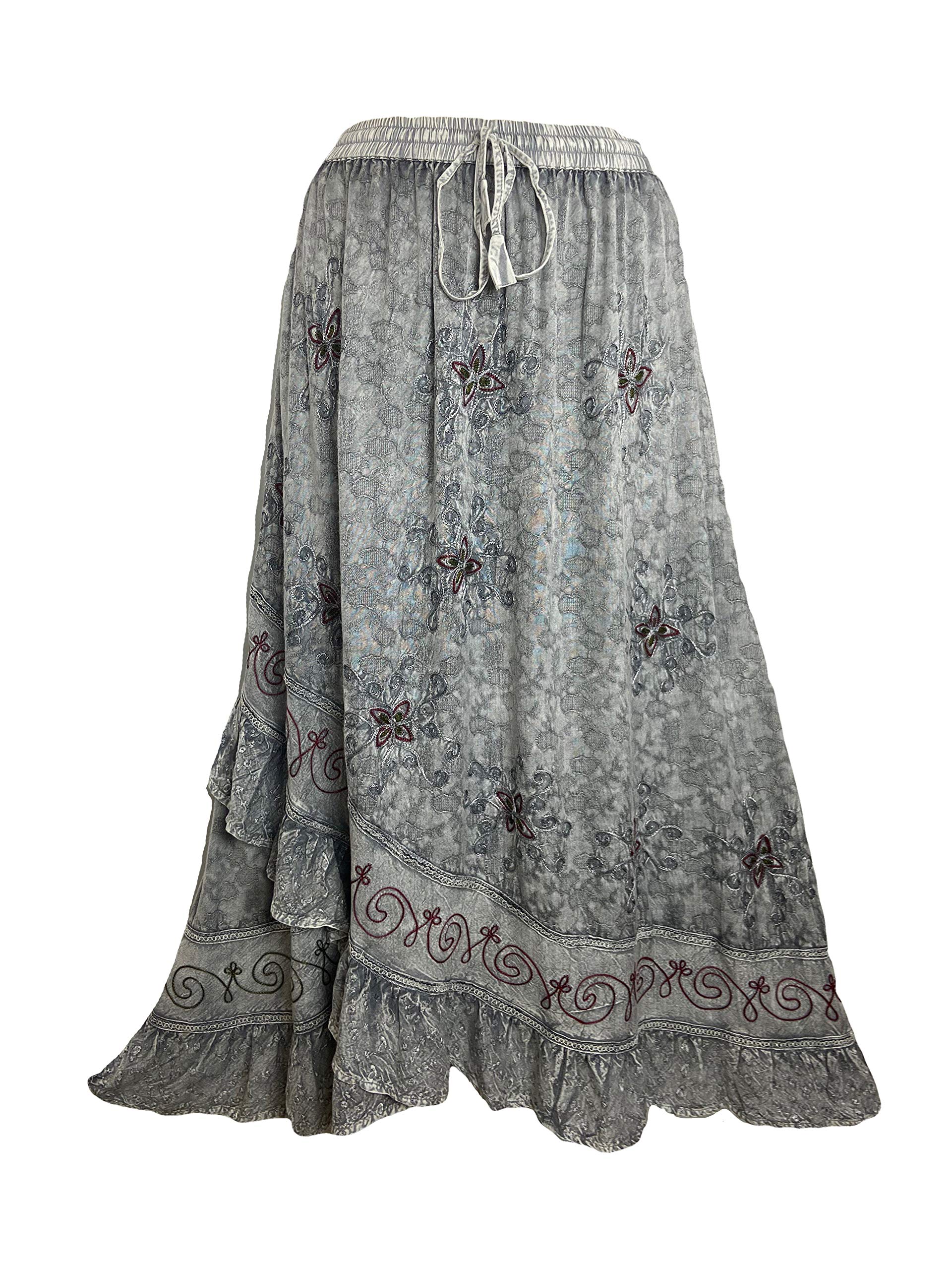 Agan TradersWomen's 2025 Spring Western Boho Vintage Drawstring Embroidered Flared Ruffle High Waist Long Skirt