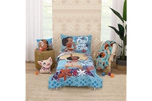 NOJO Disney Moana Free as The Ocean Aqua, Purple, Orange and White Tropical 4 Piece Toddler Bed Set - Comforter, Fitted Bottom Sheet, Flat Top Sheet, and Reversible Pillowcase