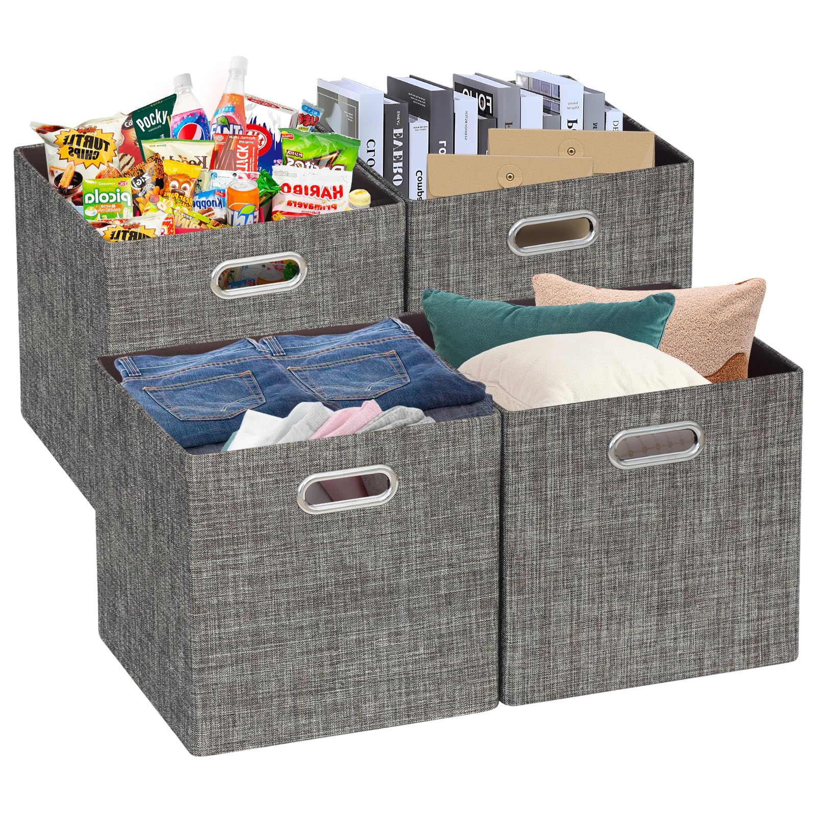 Posprica Storage Basket Bins,13×13 Foldable Storage Boxes Containers for Closet Organizer Shelf Cabinet Bookcase,Thick Fabric Drawer with Shimmer,4pcs,Brown Image