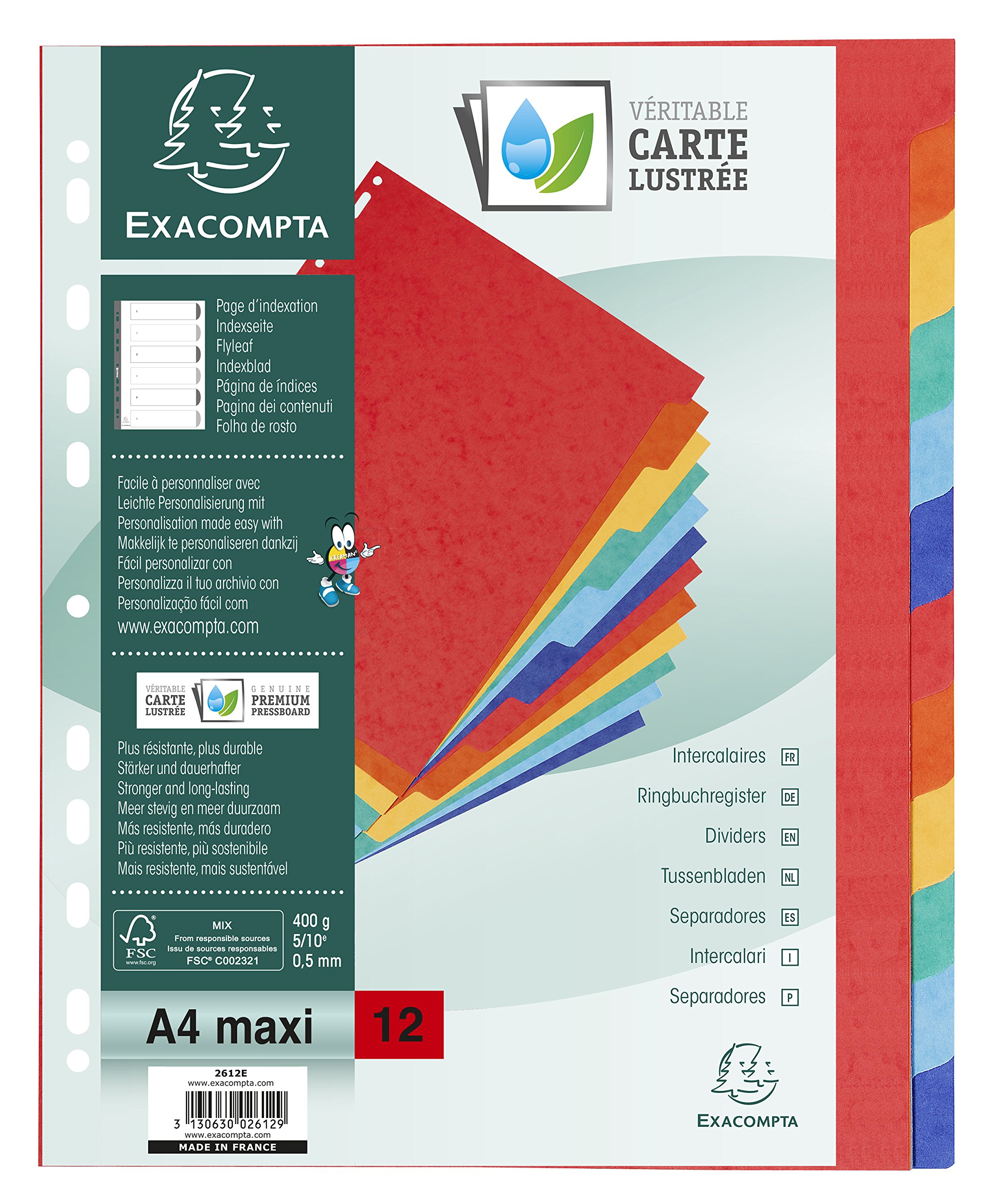 Exacompta - Ref 2612E - Nature Future Dividers - Suitable for A4+ Documents, Pre-Punched, 400gsm Genuine Pressboard, 12-Part Dividers, FSC-Certified - Multi-Coloured