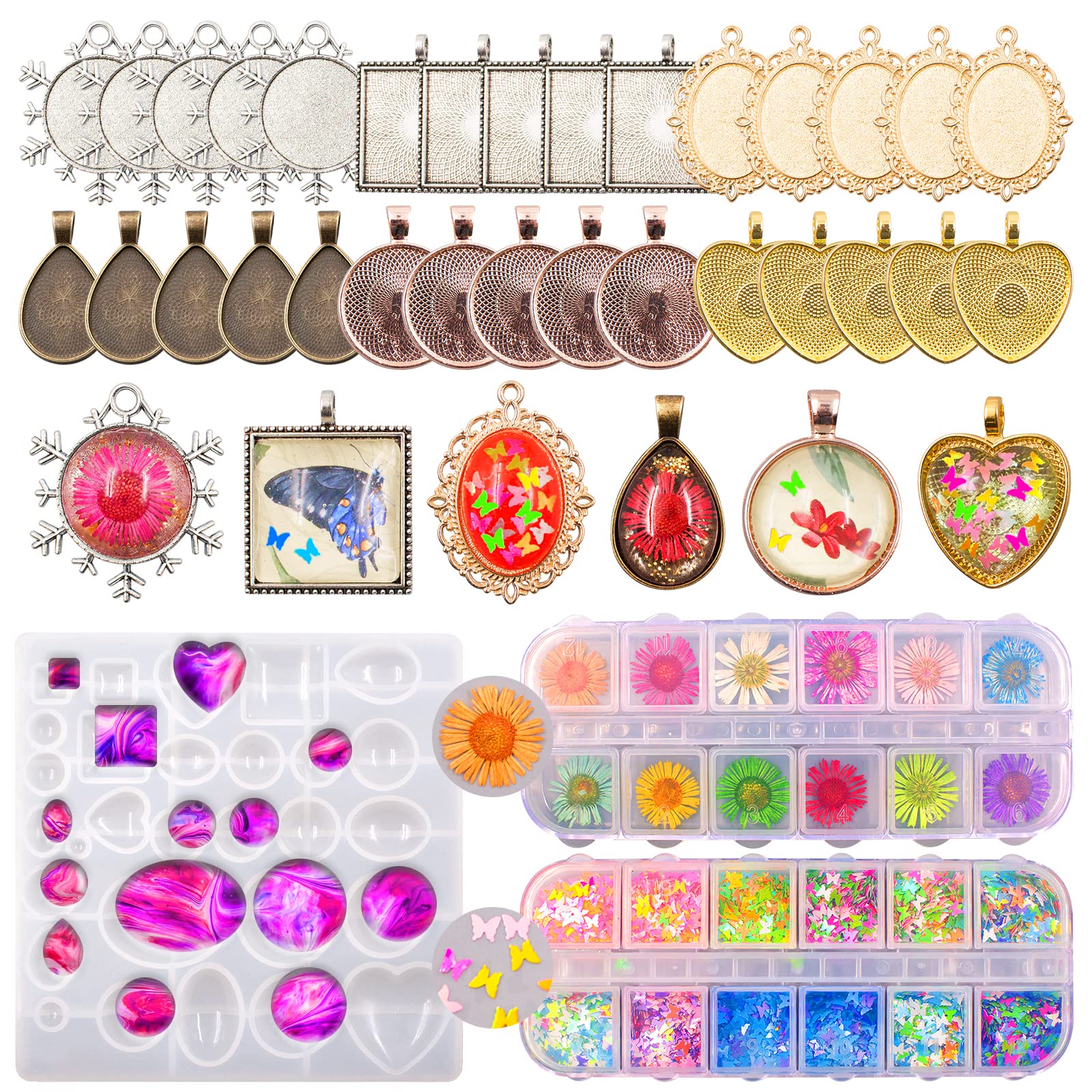 SNAIL GARDEN Jewelry Pendant Moulds,Silicone Resin Kits,with Pendant Trays Round Square Heart Teardrop Oval,Dried Flower and Butterfly Glitter for Resin DIY Jewelry Making Crafting