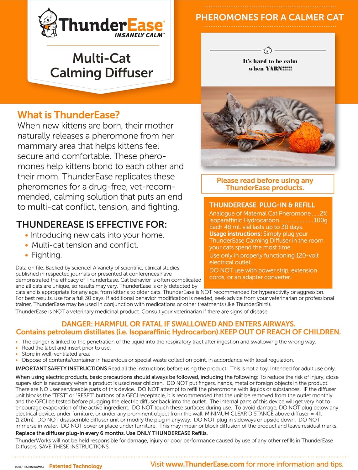 ThunderEase Multicat Calming Pheromone Diffuser Refill | Powered by FELIWAY | Reduce Cat Conflict, Tension and Fighting (180 Day Supply) : Pet Supplies