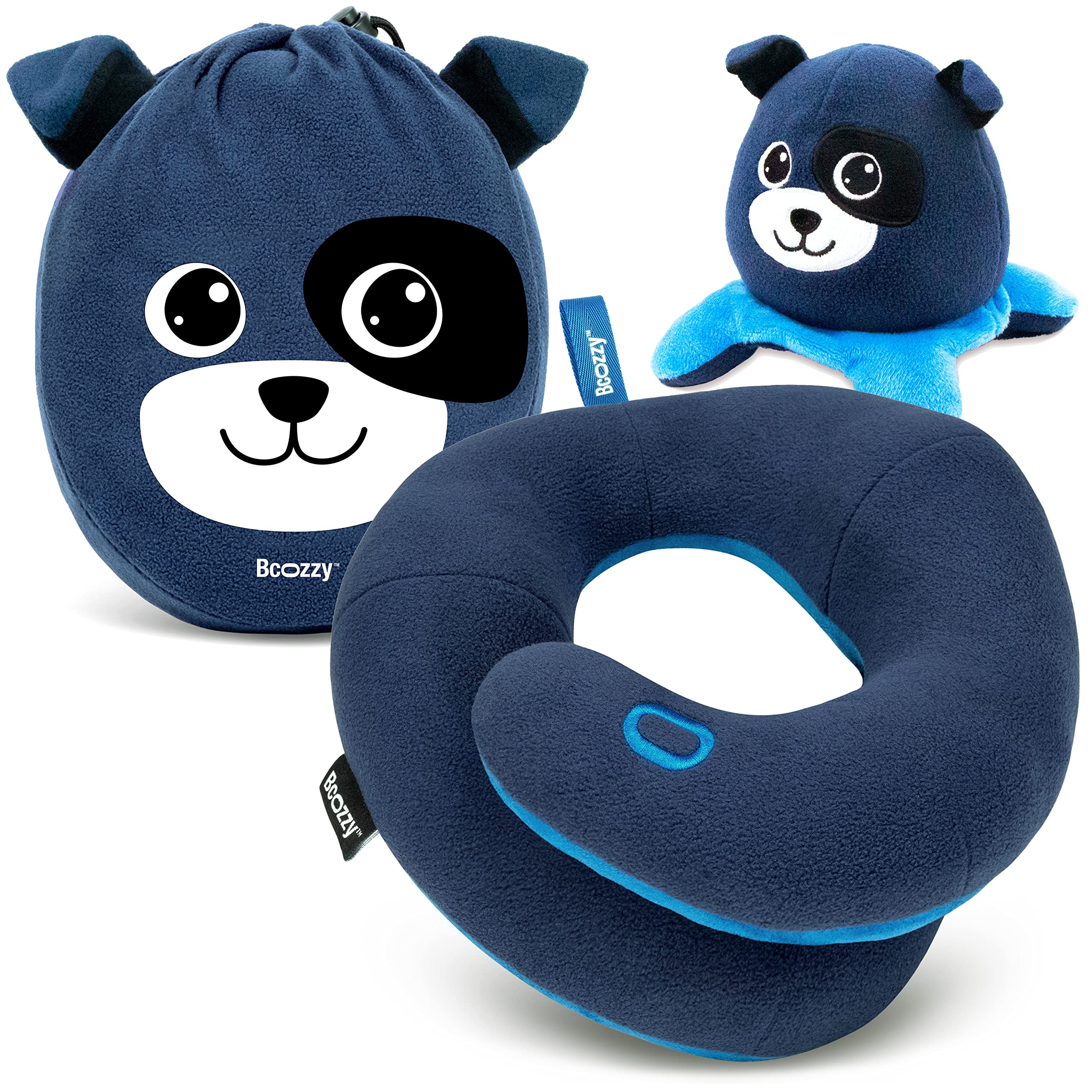 BCOZZY Kids Chin Supporting Travel Pillow for 3-7 Y/O- Stops the Head from Falling Forward- Comfortable Road Trip Essential. Soft, Washable, Small Size, Navy, Puppy Bag โ image 1