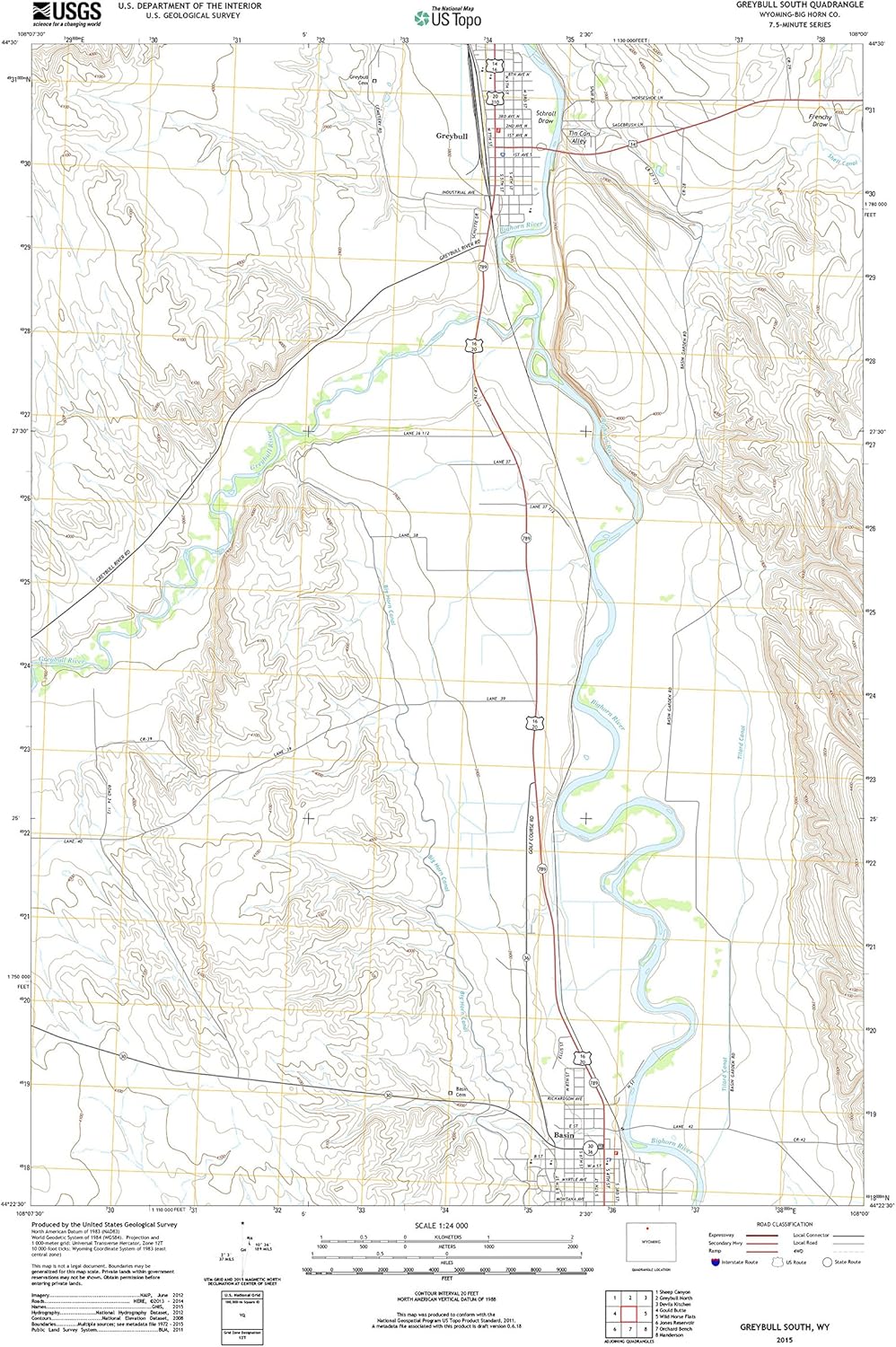 Topographic Map Poster GREYBULL SOUTH, WY TNM GEOPDF 7