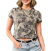 Eutten Womens Camo Crop Top Crew Neck Short Sleeve T Shirts Slim Fitted Maple Leaf Print Graphic Tee Streetwear