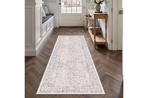 PureCozy Gray Runner Rug 2x6 Hallway Machine Washable Kitchen Vintage Distressed Non Slip Long Carpet Indoor Grey Retro Floral Bedroom Accent Throw Rug for Bathroom Office Laundry Dining Living Room