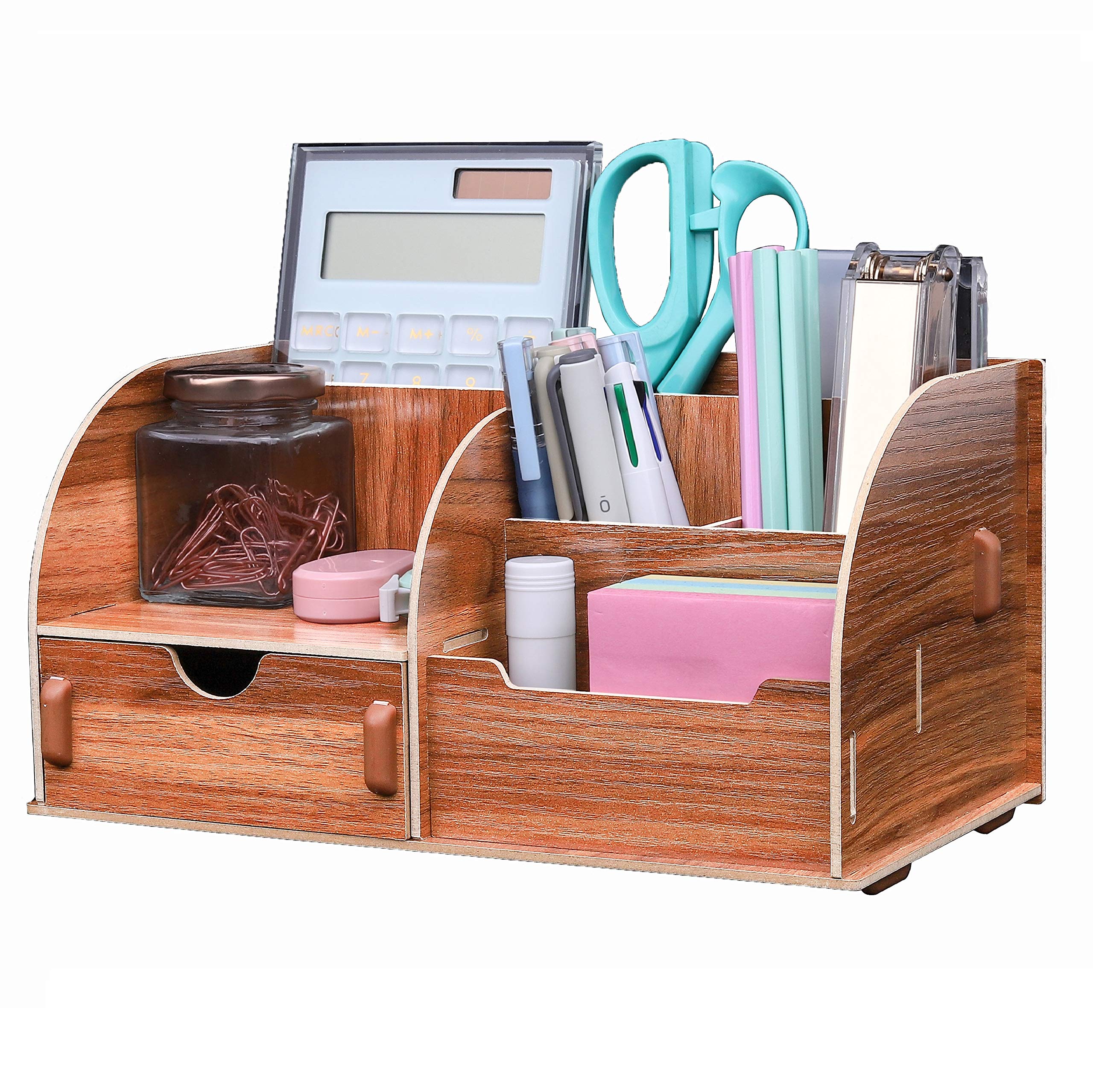 EXERZ Wooden Desk Organiser/Desk Tidy Caddy/Pen Holder - Remote Holder with 7 Compartments - Assembly by Youself Easily (Wooden)
