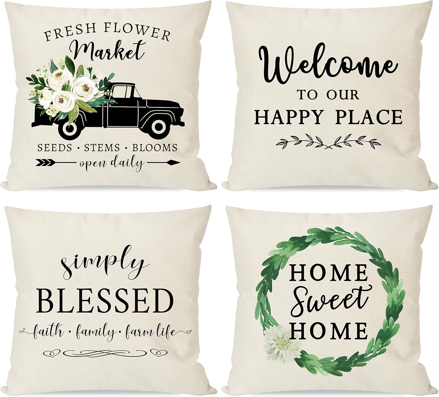 PANDICORN Set of 4 Farmhouse Pillow Covers 18x18 for Home Décor, Spring Summer Green Boxwood Wreath, Country Truck with Fresh Flowers, Rustic Welcome Throw Pillow Cases for Outdoor Porch Front Door