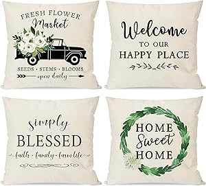 PANDICORN Set of 4 Farmhouse Pillow Covers 18x18 for Home Décor, Spring Summer Green Boxwood Wreath, Country Truck with Fresh Flowers, Rustic Welcome Throw Pillow Cases for Outdoor Porch Front Door