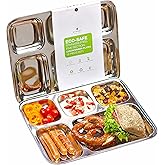ecozoi Stainless Steel Divided Plates Set of 2 - Extra Large, Deep 5 Multi Compartment Serving Tray with Divider - Full Meal Size, Portion Control Dinner Plates for Kids and Adults