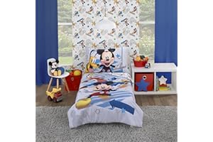 NoJo Disney Mickey Mouse Clubhouse Buddies Multi Colored Goofy, Pluto, and Donald Duck 4 Piece Toddler Bed Set - Comforter, Fitted Bottom Sheet, Flat Top Sheet, and Reversible Pillowcase