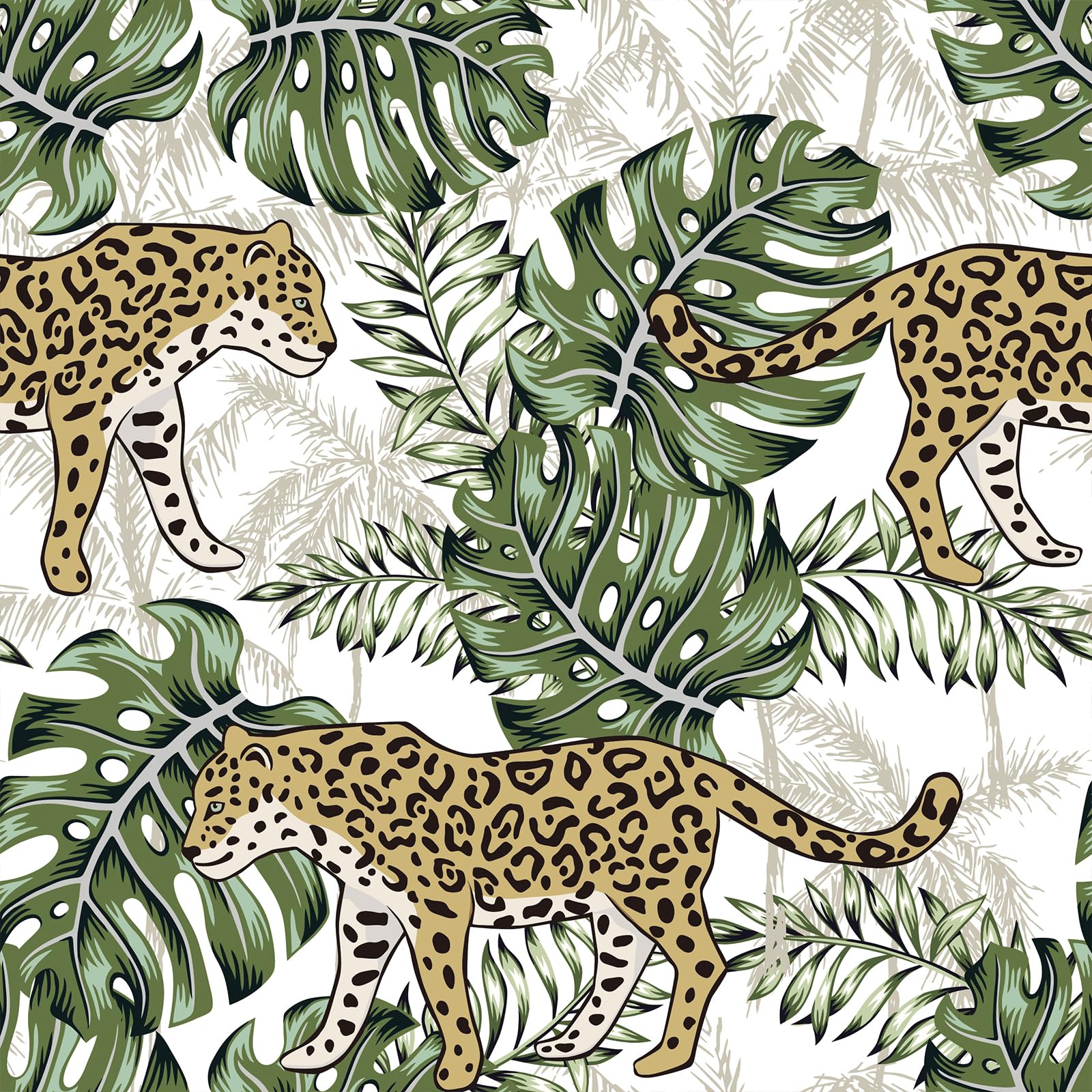 VEELIKE Exotic Tropical Wallpaper Jungle Cheetah Wallpaper Peel and Stick White Leopard Wall Paper for Bedroom Bathroom 44.5cmx300cm Monstera Leaf Contact Paper Removable Renter Friendly