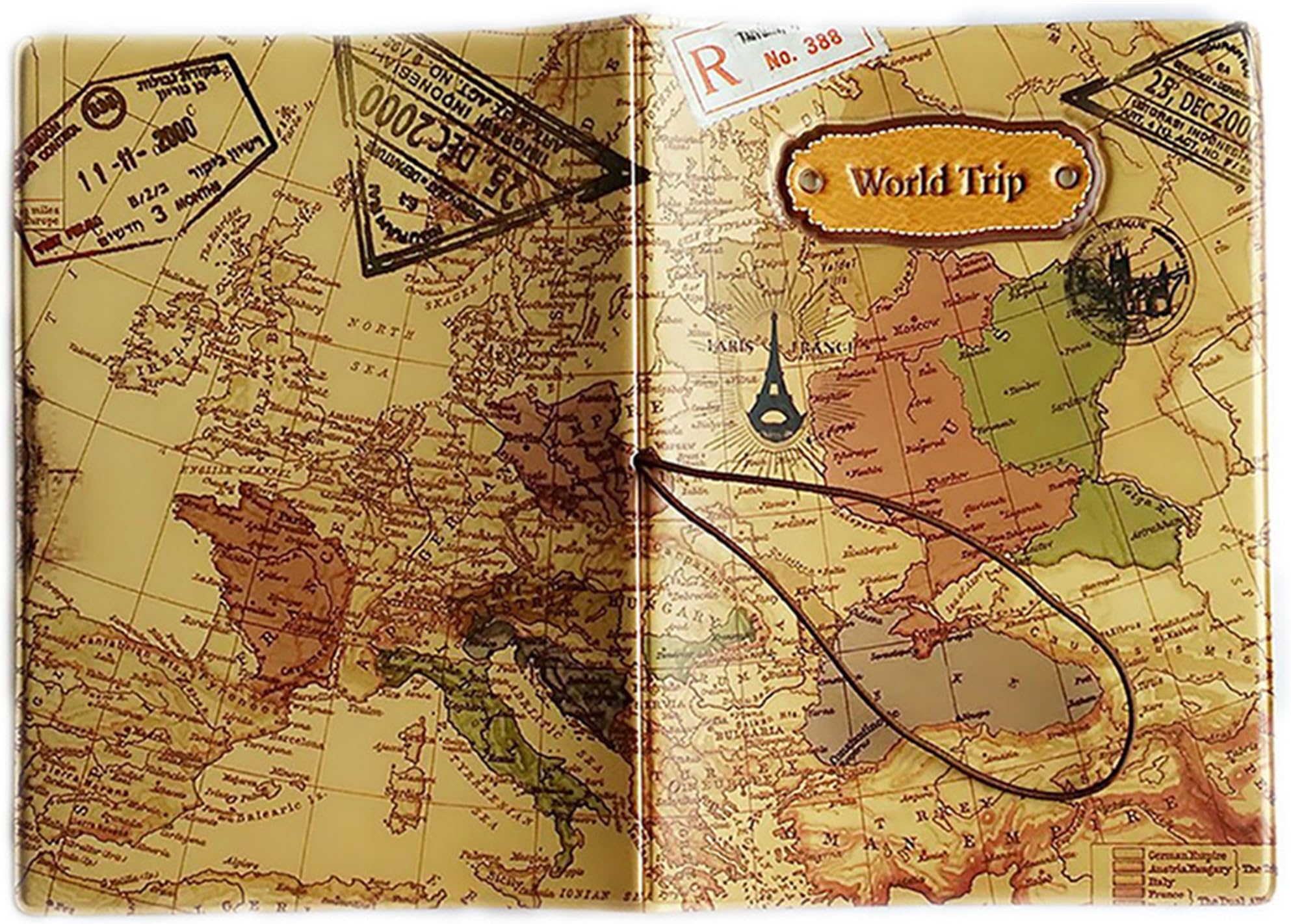 SLD PU Leather World Map Passport Cover Holder, Protective Shell Case for Men & Women & Kids.