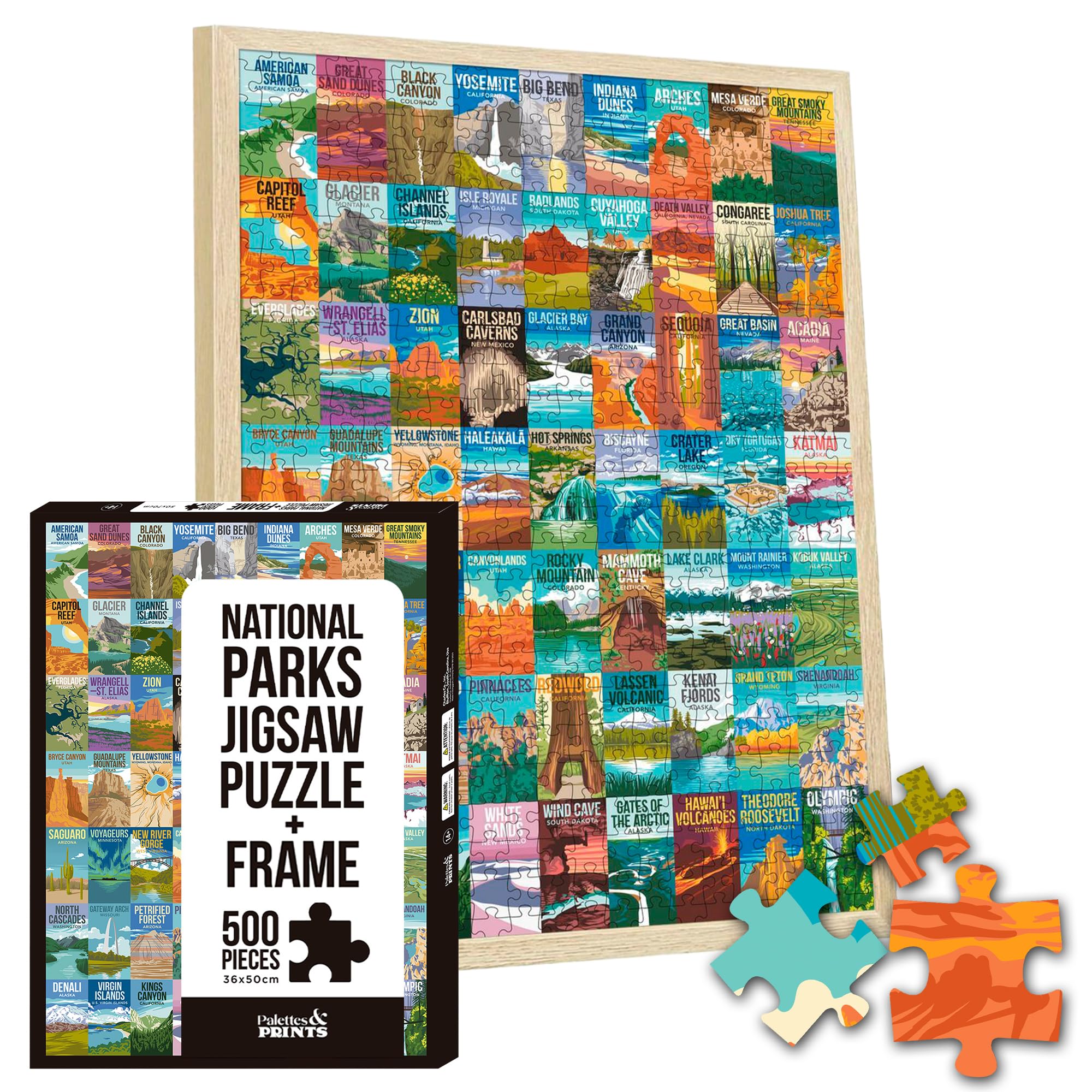 Photo 1 of National Parks Puzzle for Adults with Frame 500 Pieces, Hand-Drawn Illustrations of National Parks, Zion, Yellowstone, Yosemite, Beautiful Nature Landscape Puzzle (Frame, 36x50cm)