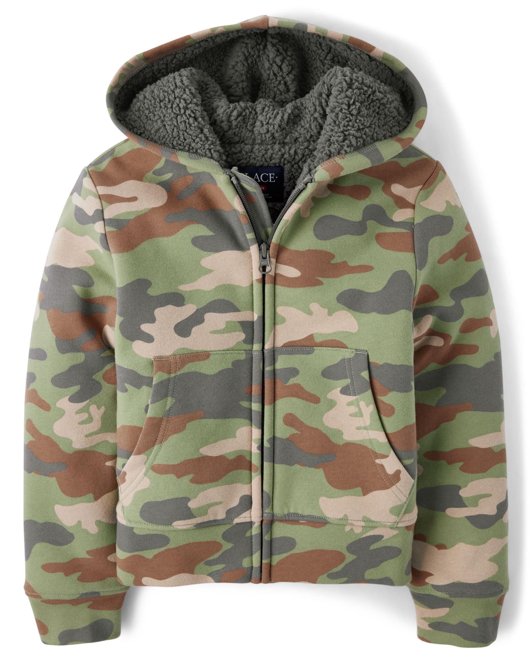 The Children's Place,Boys,Long Sleeve, Sherpa Lined, Zip-Front Hoodie Sweatshirt,Misty Glen Camo,XX-Large Image