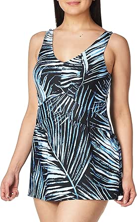 Maxine Of Hollywood Women's V-Neck Swim Dress One Piece - Black Paisley Print