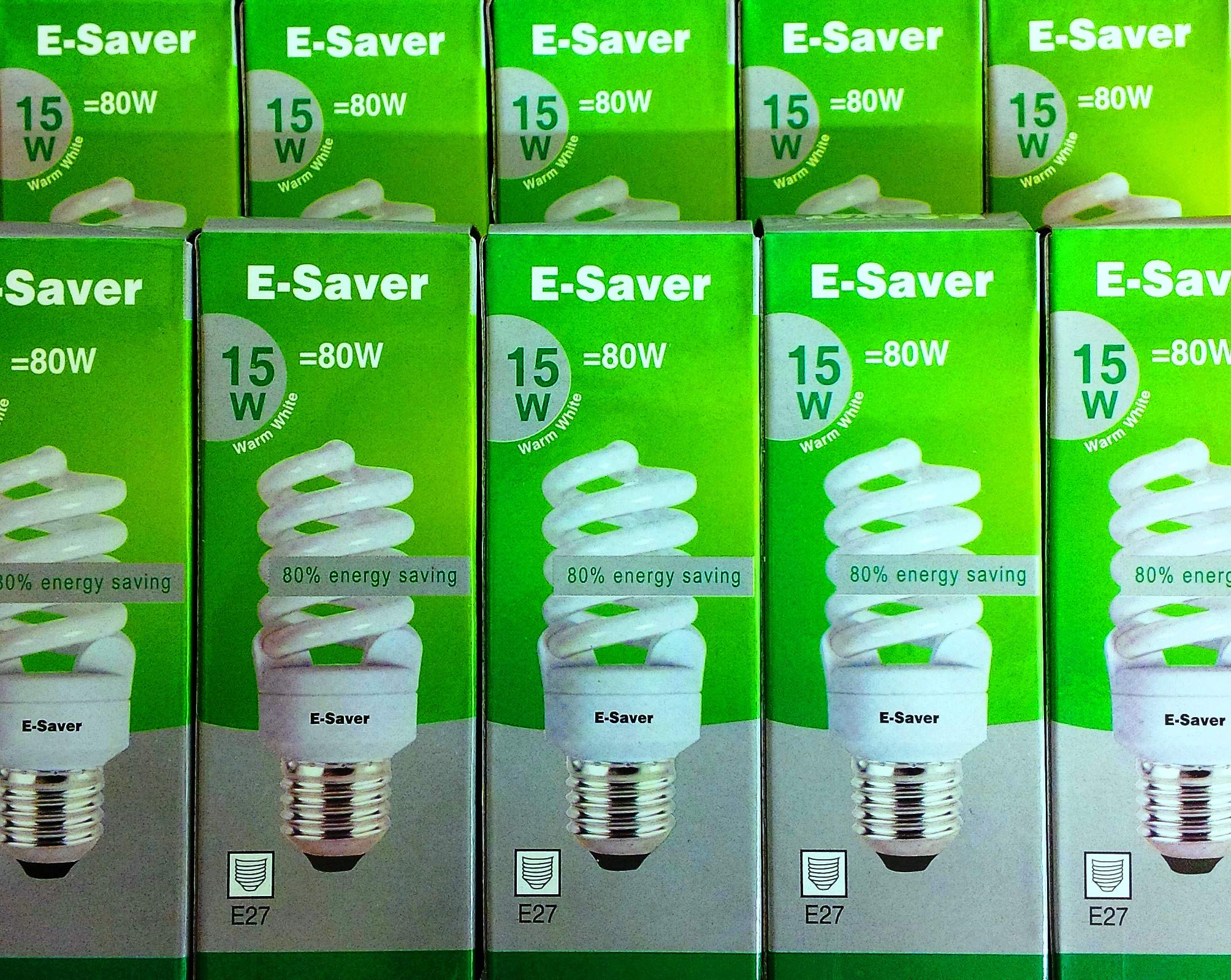 E-Saver - CFL Full Spiral - Energy Saving Light Bulbs -15w = 80 Watt - (Pack of 10) - Warm White 2700k - Screw in Cap - Screw Edison (ES - E27 Bulb)