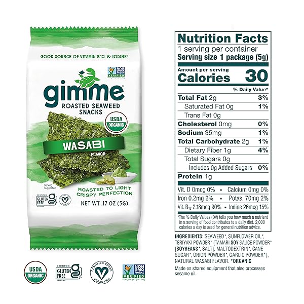 GIMME SEAWEED – WASABI – 12 COUNT – ORGANIC ROASTED SEAWEED SHEETS – KETO, VEGAN, GLUTEN FREE – GREAT SOURCE OF IODINE & OMEGA 3’S – HEALTHY ON-THE-GO SNACK FOR KIDS & ADULTS