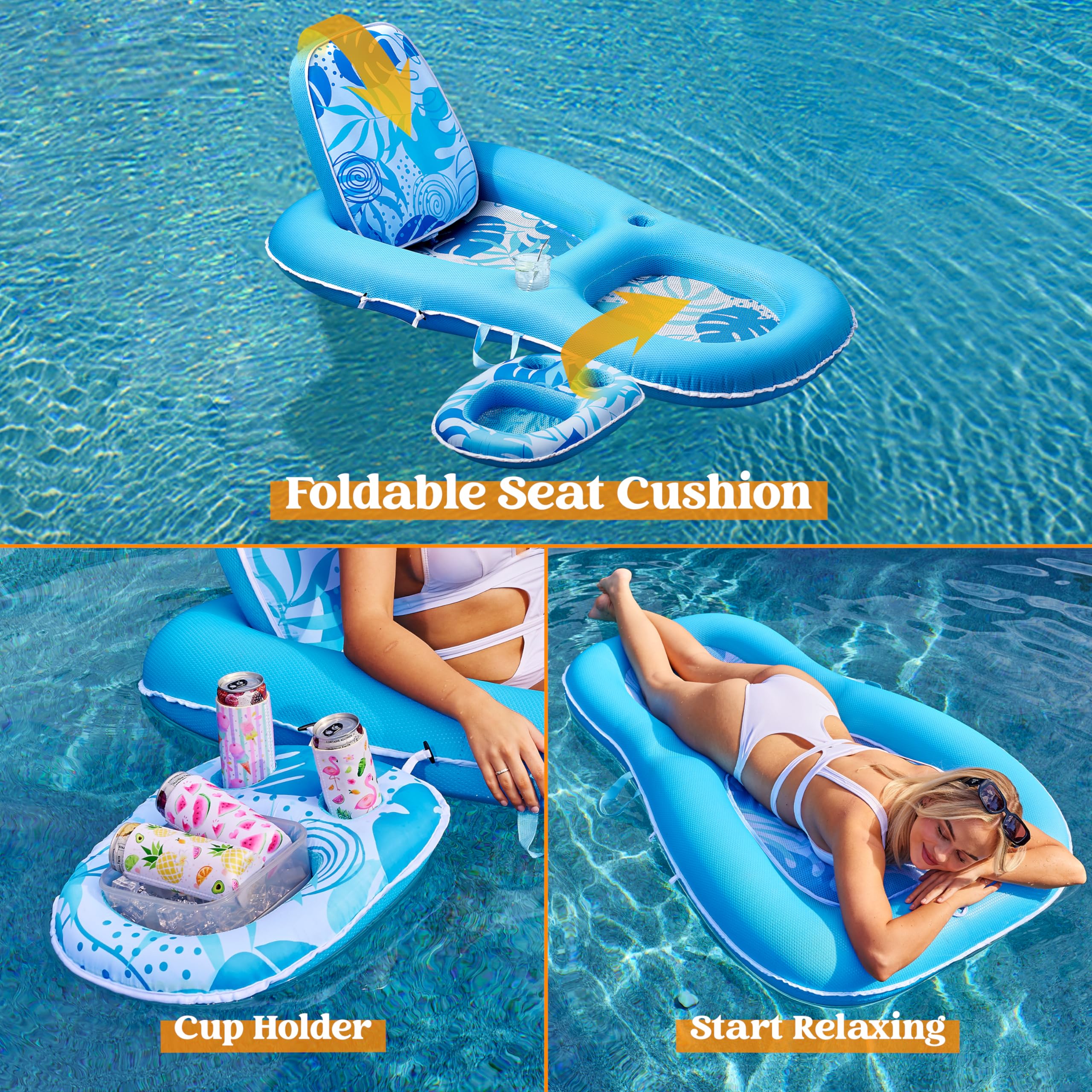 SLOOSH Pool Floats Lounger Adult, Fabric Pool Floaties Lounge Convertible 2-in-1 Floating Water Floaty with Cup Holders Adjustable Backrest Recliner for Pool Party