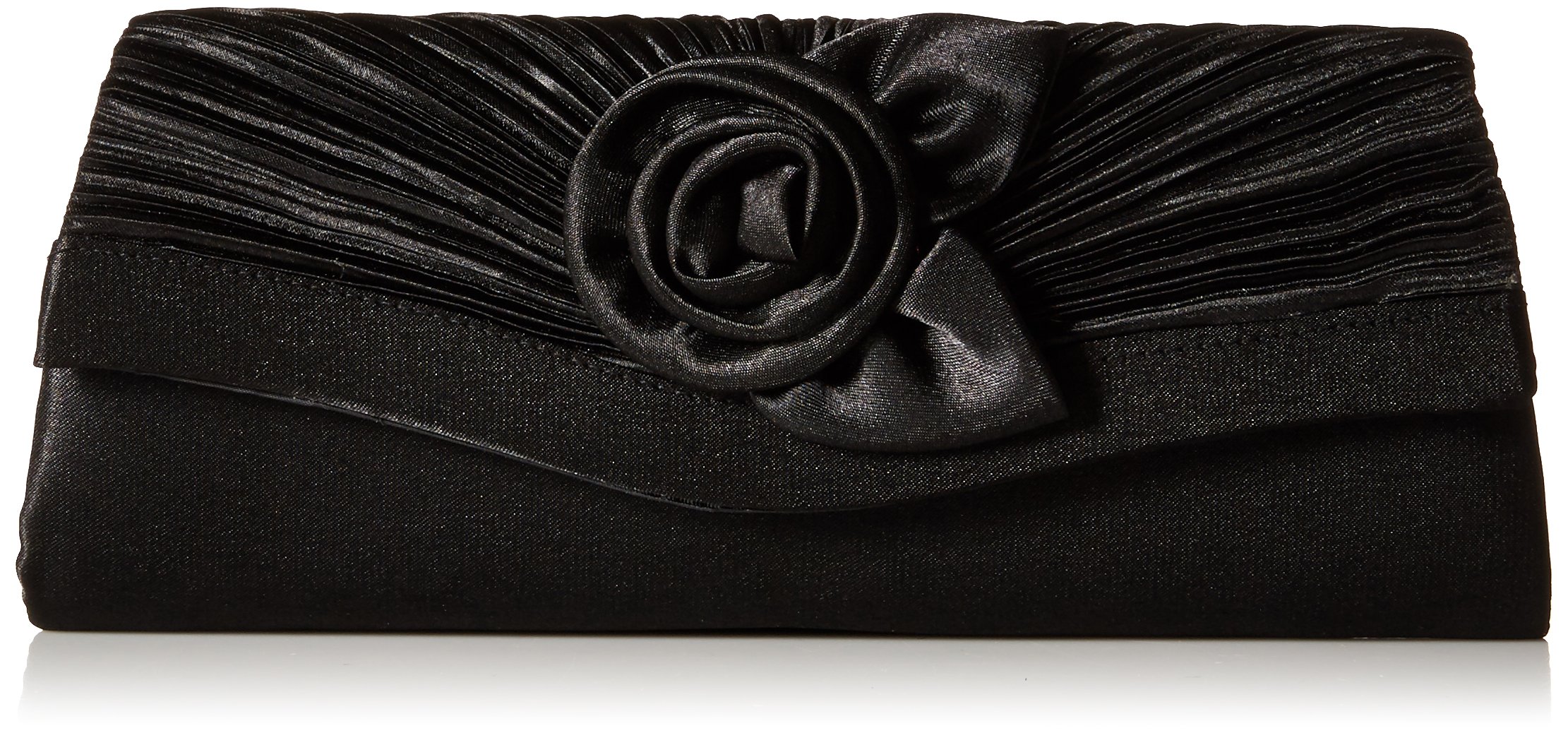 Damara Women's Satin Pleated Flower Front Evening Bag Clutch Handbag (Black)(Size:L)