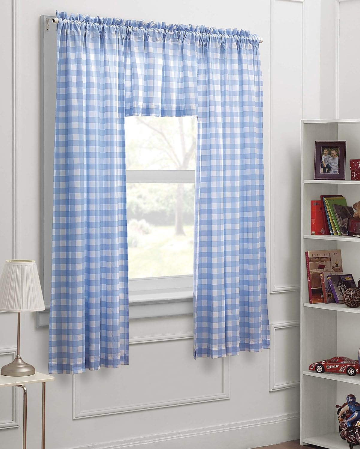 Dream Factory Gingham Check 3-Piece Kids Bedroom Curtain Panel Set, Blue White, 63-Inch