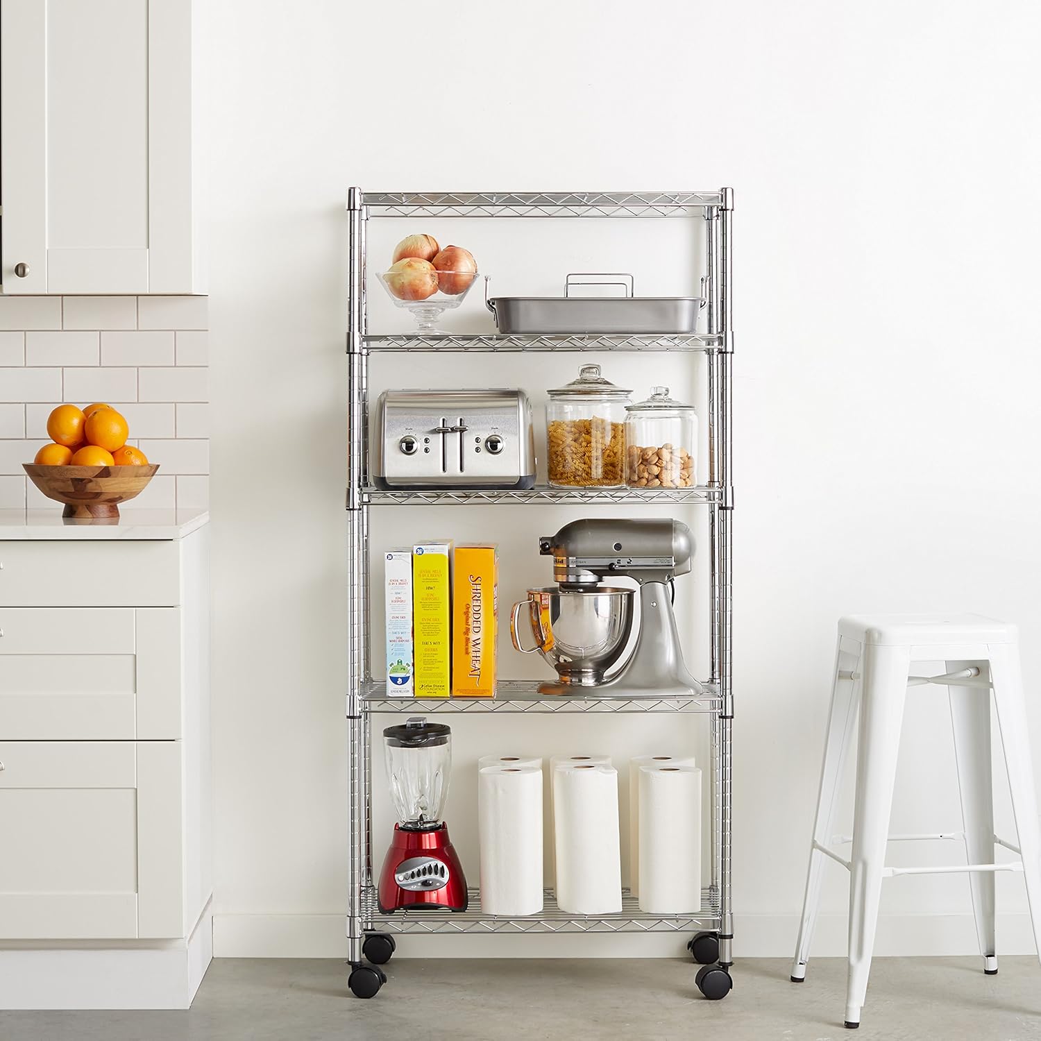 Basics 5-Shelf Shelving Storage Unit on 4'' Wheel Casters , Metal Organizer Wire Rack, Chrome Silver (30L x 14W x 64.75H): Home & Kitchen