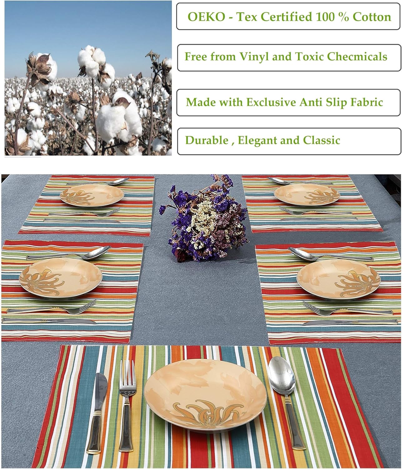Ruvanti Placemats for Dinning Table .100% Cotton Woven (13x19 “) Place mats Set of 6. Red & Fall Multi Stripe Woven Table Mats Farmhouse Spring Cloth Tablemats for Christmas/Thanksgiving Dinners.: Home & Kitchen